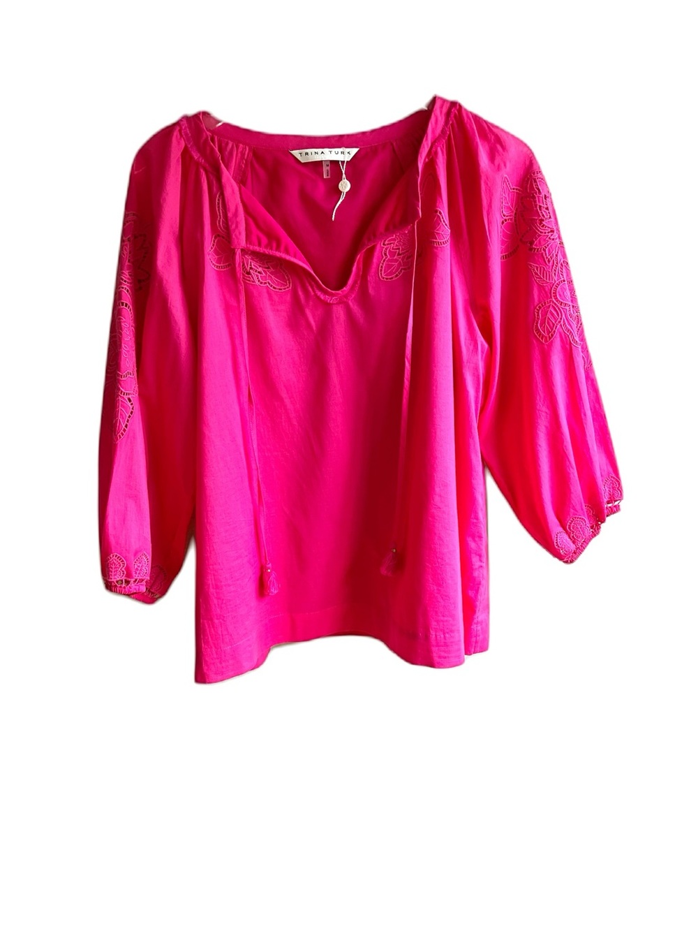 Trina Turk Ojai Lace Embroidered Top Size M Hot Pink 100% Cotton Peasant Blouse - Picture 11 of 13